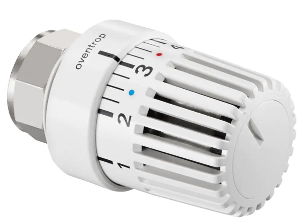 Weißer Thermostat von Oventrop mit drehbarem Einstellrad und Skala von 1 bis 4. Vorne mit rotem und blauem Indikator für Temperatur. Geeignet für Heizkörperventile.